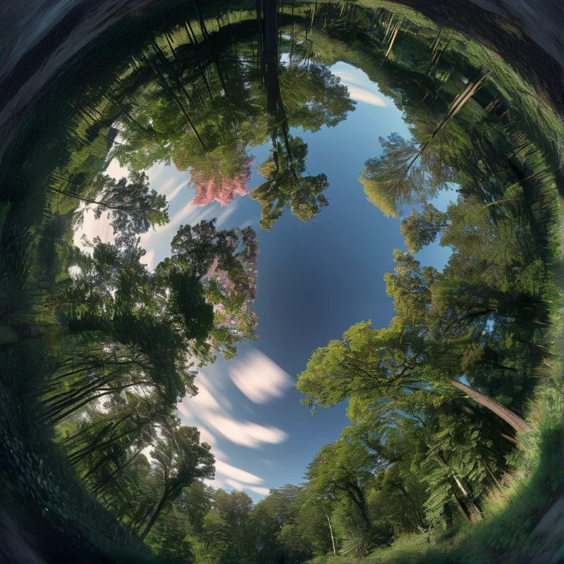 Tall trees surround a central blue sky with wispy clouds, while pink flowering branches add color to the woodland scene.