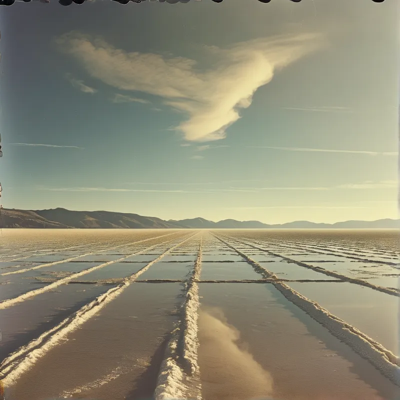 Furrowed pans of a shimmering salt flat recede toward low mountains under a wide sky with soft clouds