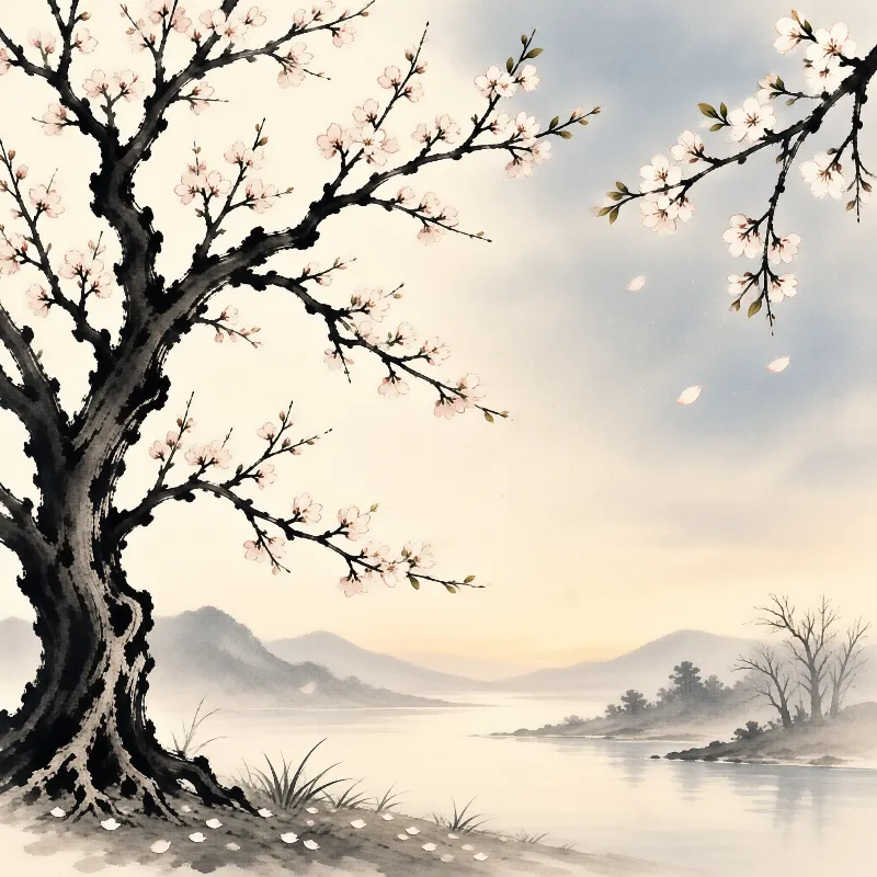 A dark ink tree heavy with pale blossoms leans over a calm river while misty mountains fill the soft sky.