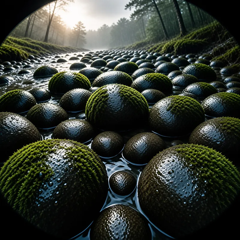 Wet rocks covered in green moss line a shallow stream as sunlight filters through the misty forest background.