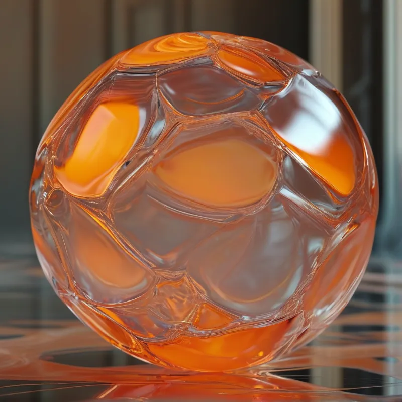 A thick faceted orb of translucent amber glass holds glowing orange pockets of light above a dark reflective surface.