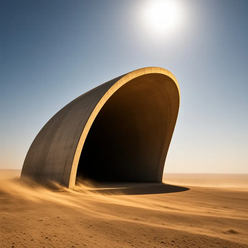 A large curved concrete arch stands in a sandy desert under bright sunlight with blowing sand and deep shadows.