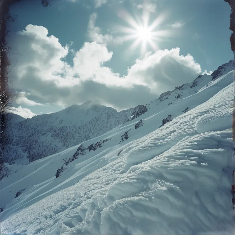 A sun-drenched snowy mountain ridge features wind-swept textures against a backdrop of fluffy clouds and a radiant blue sky.