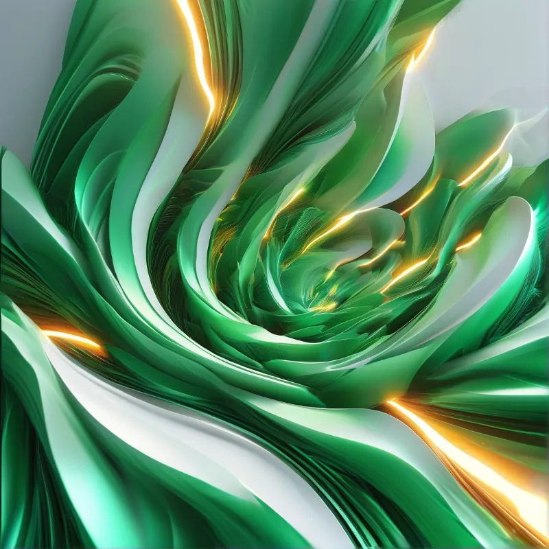 Smooth undulating green and white silk strips curve inward forming a vortex pattern lit by warm glowing golden streaks