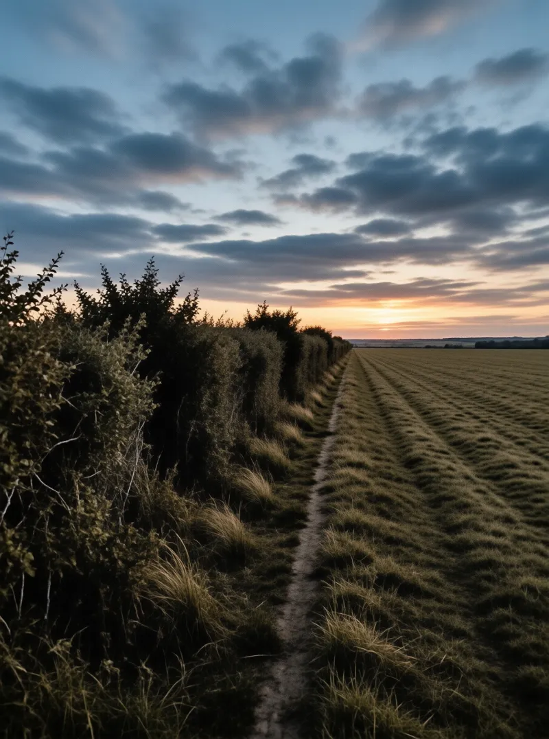 A dense green hedge runs along a narrow grassy track that leads toward a low glowing sun beneath a soft evening sky.