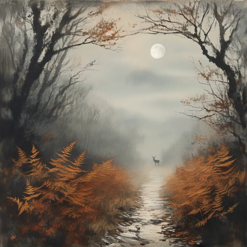 A single deer stands at the far end of a fog covered forest path, flanked by orange ferns under a pale full moon.