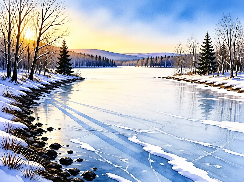 A vast sheet of ice stretches between snowy banks lined with bare trees and evergreens under a bright golden sunrise.