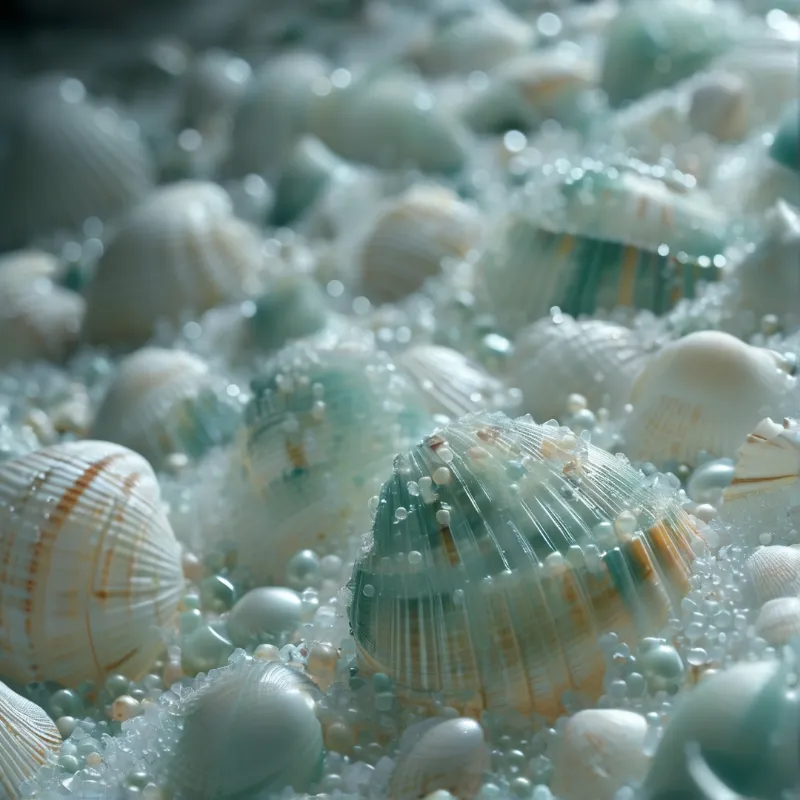 Numerous marine shells encased in tiny water beads create a textured scene with blurred background hues.