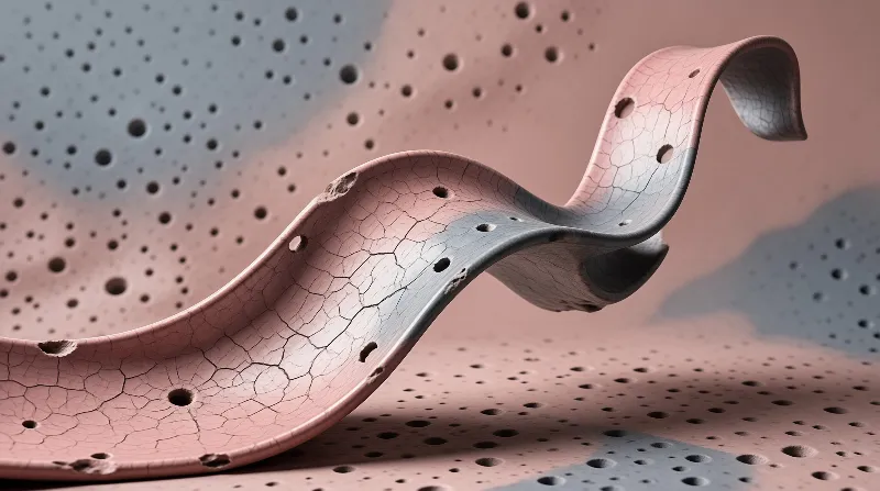 A porous pink structure twists upward revealing fine fractures and small holes beneath soft ambient illumination.