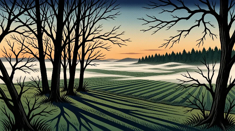 Dark leafless trees frame rolling green furrows veiled in low mist beneath a warm sunset sky.