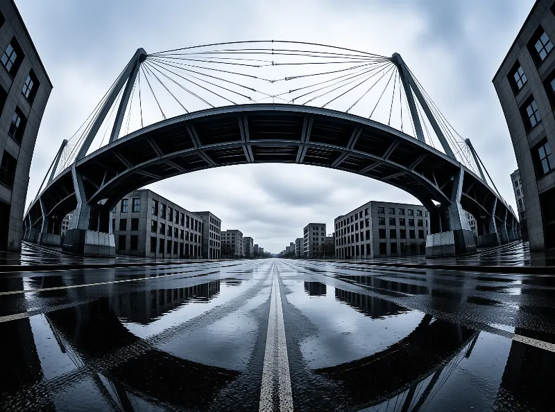 A curved cable stayed bridge spans over a wet empty road between uniform grey blocks, its reflection mirrored on the rain slicked pavement under cool overcast light.