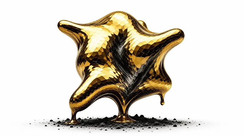 A polished star shaped metal form with dimpled facets balances on dark gravel against a bright white void.