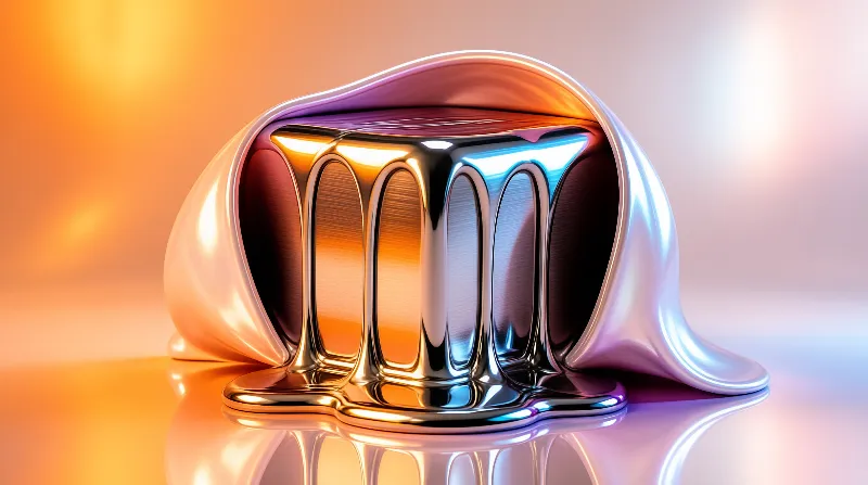 A shiny metallic object resembling a shell with vertical ridges sits on a reflective surface under warm gradient lighting.