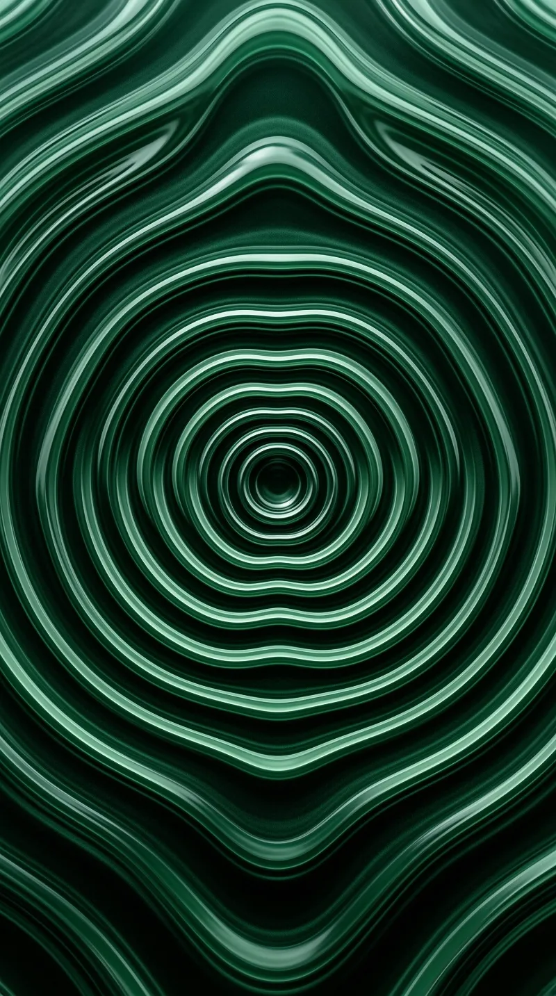 Swirling concentric rings of emerald green and white spiral inward toward a dark center.