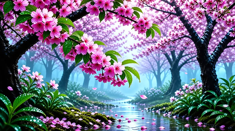 Misty Cherry Blossom River