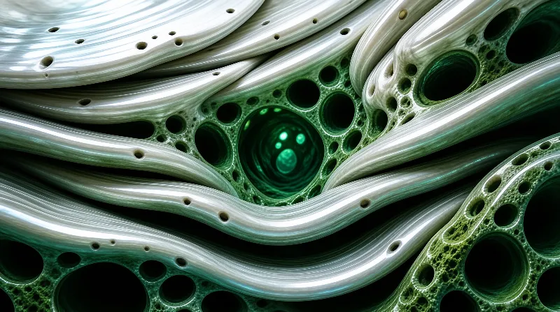 Close abstract texture of glossy cream colored strands crossing a honeycombed emerald surface full of round holes.