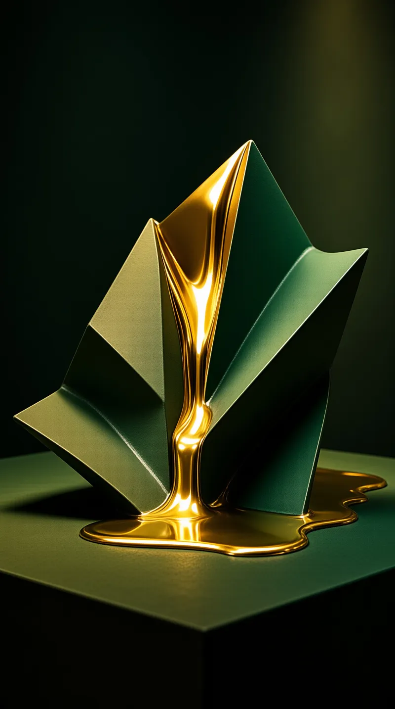 Green folded paper object stands on dark surface while bright metallic liquid flows down center and pools at base.