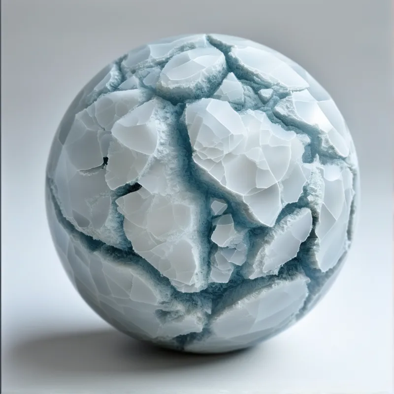A white fractured ball with deep light shadowed cracks sits on a plain light gray backdrop lit evenly in a studio.