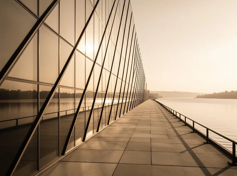 A long concrete walkway beside a glass-clad building reflects the sunset over calm waters and distant hills.