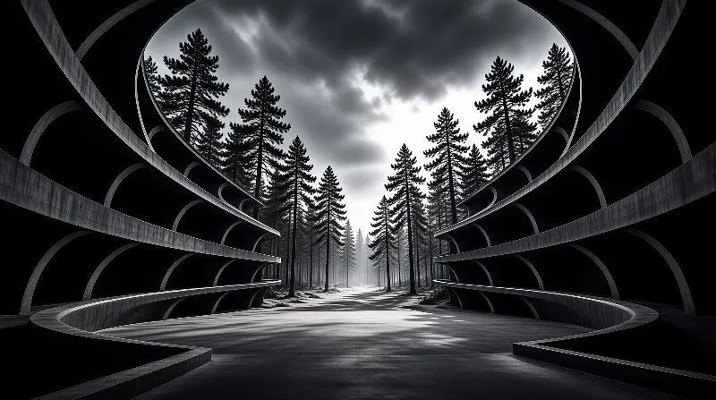 A black and white scene showing a road lined with ribbed arches leading into a dense pine forest under clouds.
