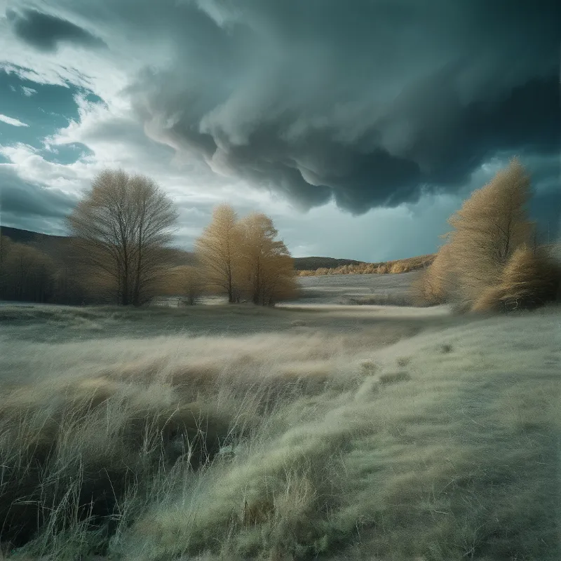 A wide landscape of tall wind-swept grasses and autumn trees stands beneath a heavy dark sky filled with dramatic rolling thunderheads.