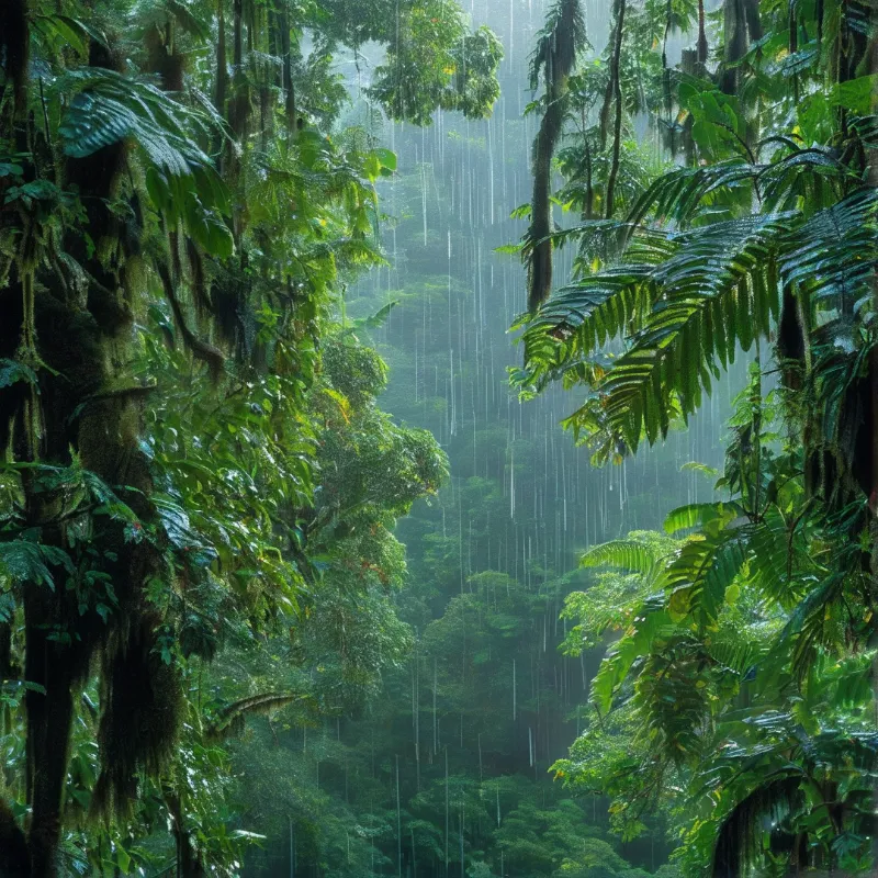 Shafts of rain streak down through layered emerald leaves and mossy trunks in a lush rainforest.