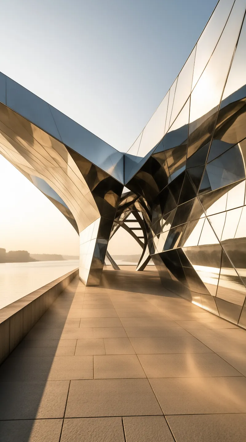 Angular polished panels fold into a canopy over stone paving, catching amber light and the calm water beyond.