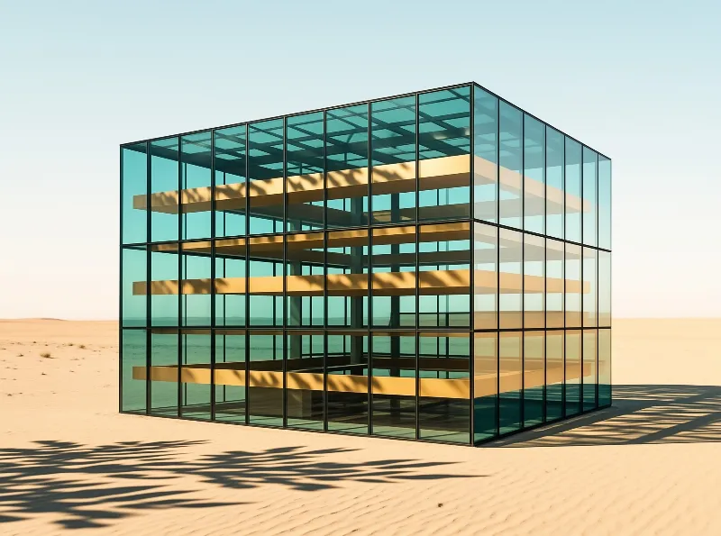 A transparent glass structure with yellow beams stands in a sandy desert under clear blue skies.