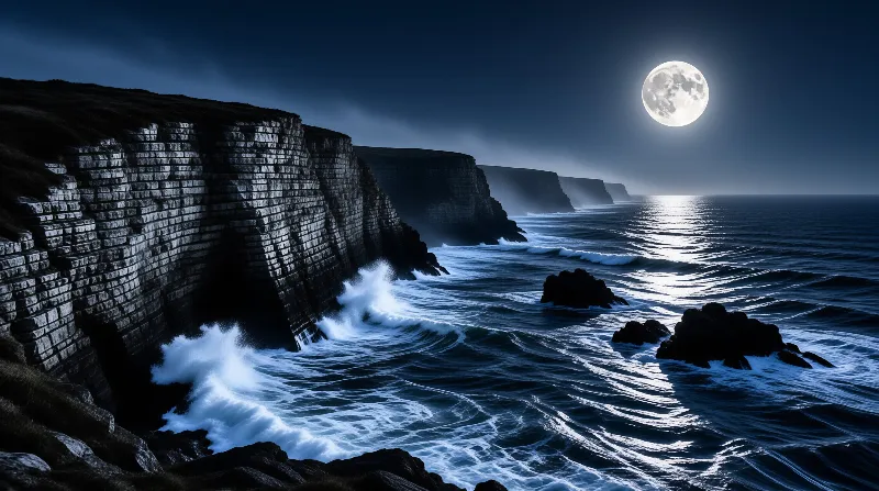 Layered cliffs line the coast while waves crash near rocks under a bright full moon shining over the dark ocean.