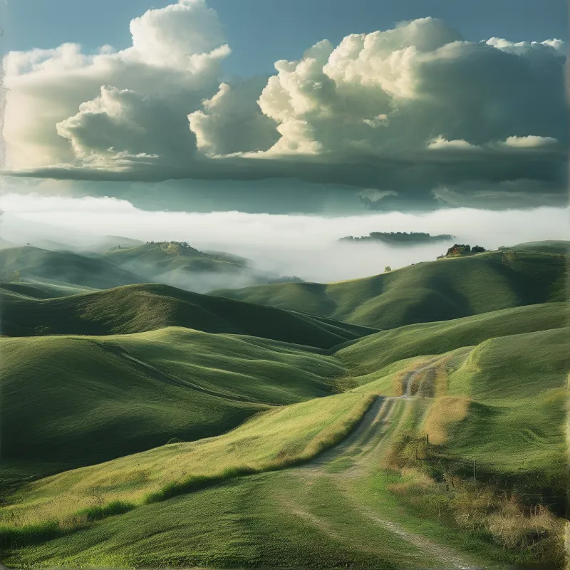 A winding dirt path cuts across lush green rolling hills while thick fog fills the distant valleys beneath large clouds.