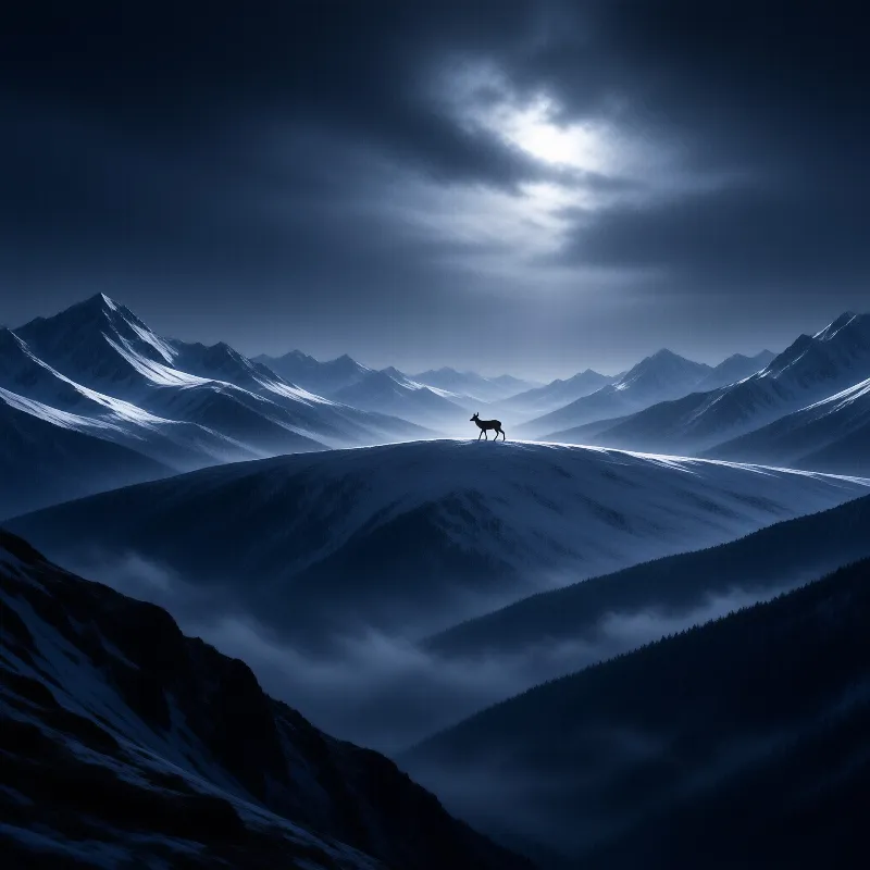A solitary deer silhouettes along a snow covered crest while moonlight breaks through storm clouds over distant peaks.