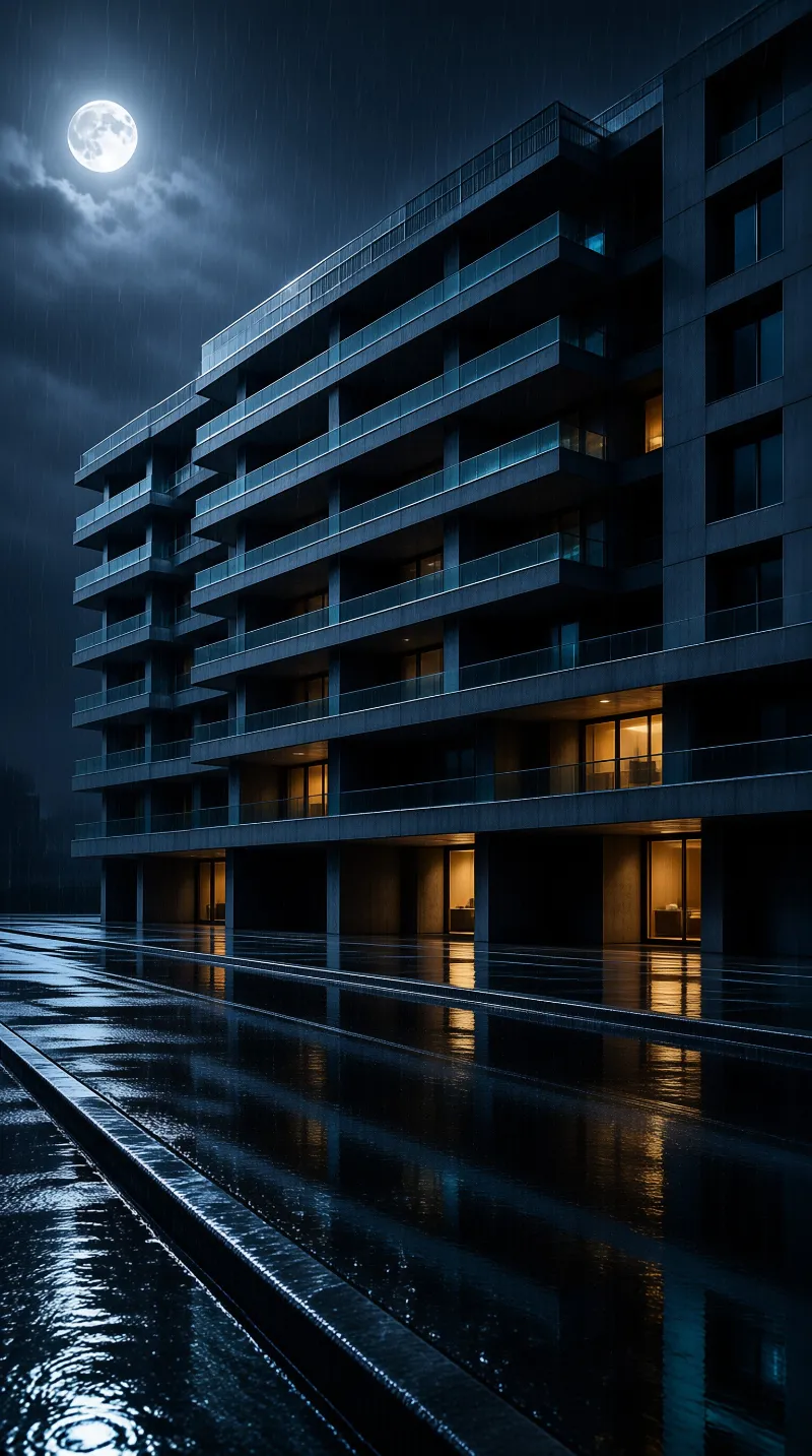 Modern high-rise under rainy night sky with full moon and warm window lights reflecting in wet ground.