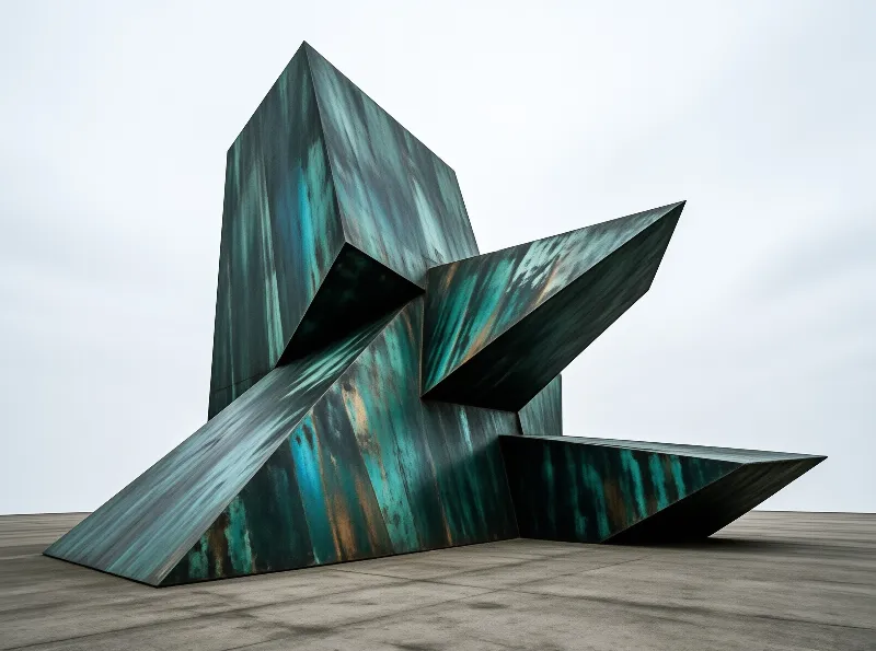 Faceted teal planes with rust patina streaks form an angular monument under a flat overcast sky.