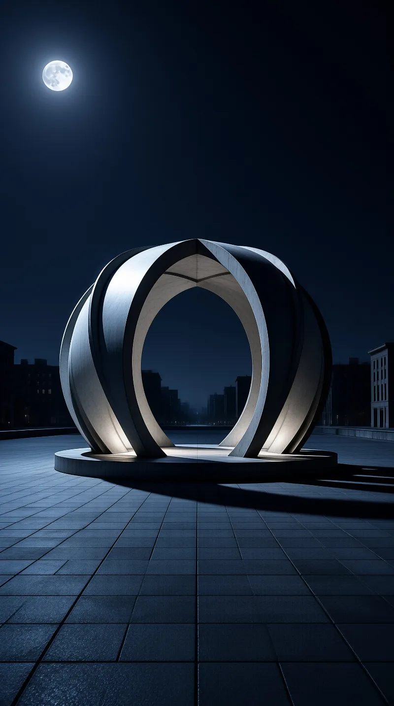 A large twisted metal sculpture stands on a paved plaza at night with a bright full moon in the deep blue sky.