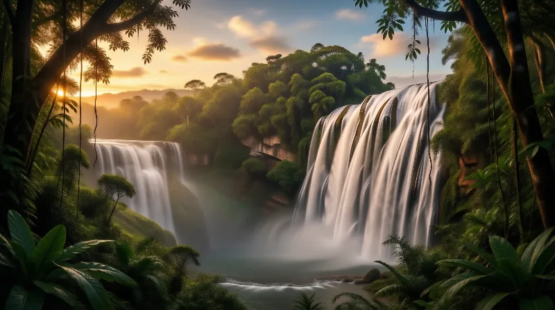 Tropical Waterfall at Sunset