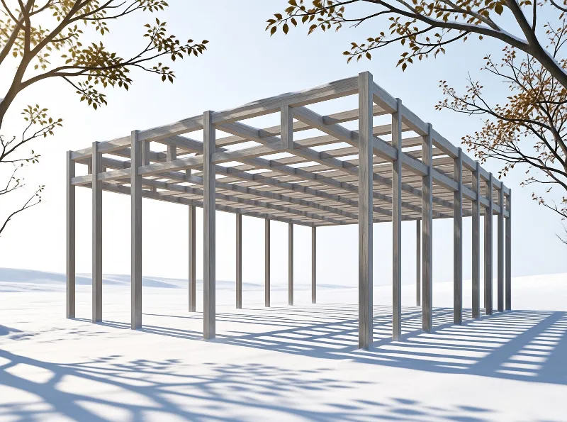A rectangular wooden trellis stands on white snow casting grid shadows under a bright sky.