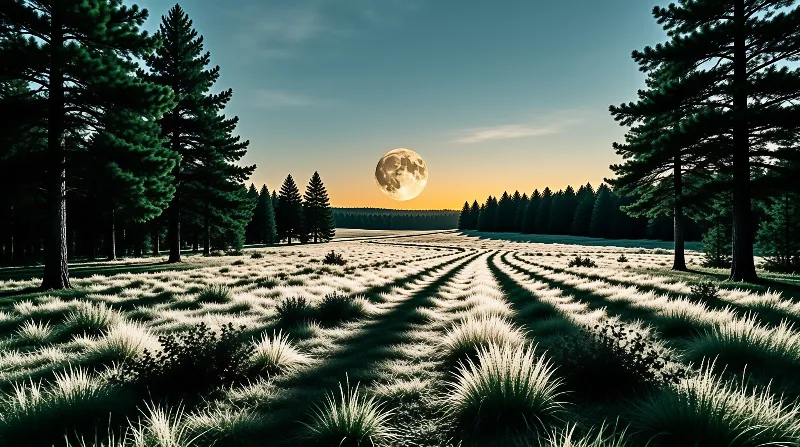 A large full moon hangs low in a twilight sky above a field of grass cut into curved rows, framed by tall dark pine trees on both sides that create a natural corridor leading the eye toward the horizon where the sky glows with warm orange hues near the ground fading into deep blue above.
