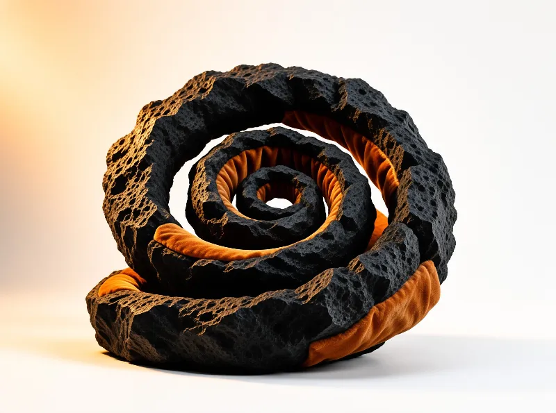 A black porous spiral stone with an orange velvet interior sits on a gradient white surface, illuminated by soft warm light.
