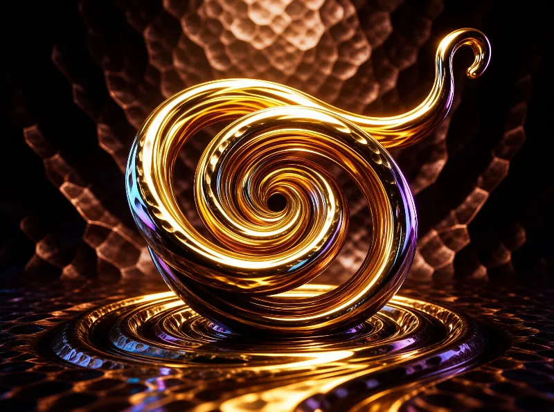 A polished golden spiral coils above a reflective disc ringed by a dark honeycomb textured background.