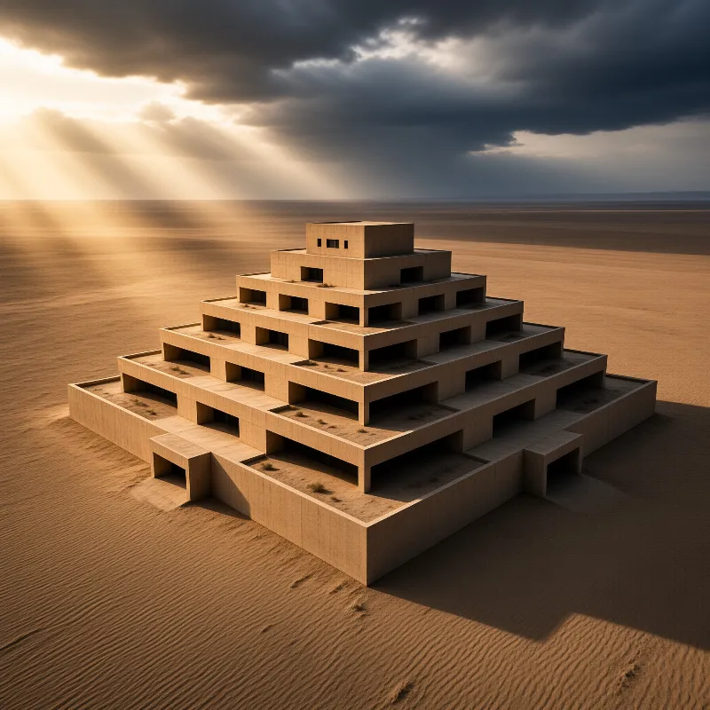 A tiered stone pyramid stands on open sand while sunbeams break through storm clouds