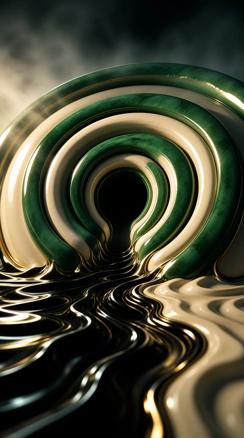 Glossy green and gold fluid forms create concentric rings fading into a dark void with sharp highlights and reflections.
