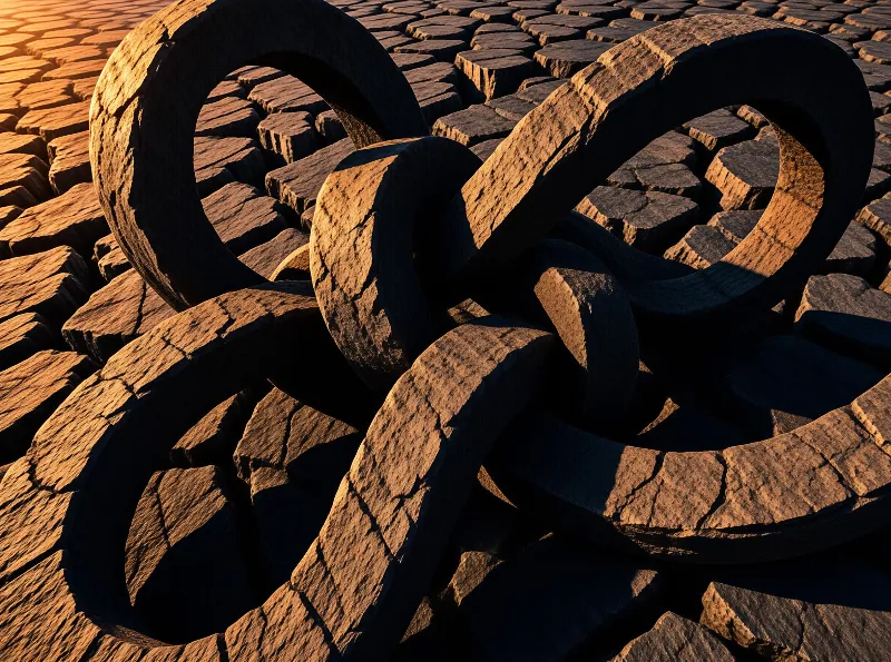 Weathered stone chain links rest upon a vast expanse of sun-baked cracked earth in warm light