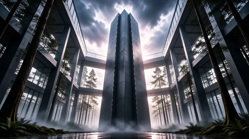 A tall grey monument rises within a glass and concrete frame filled with pine trees while sunlight breaks through the clouds.