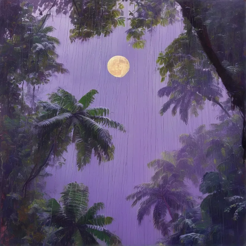 Bright yellow full moon in hazy lavender night sky framed by lush tropical palm trees and jungle foliage, with faint rain streaks falling across the scene.