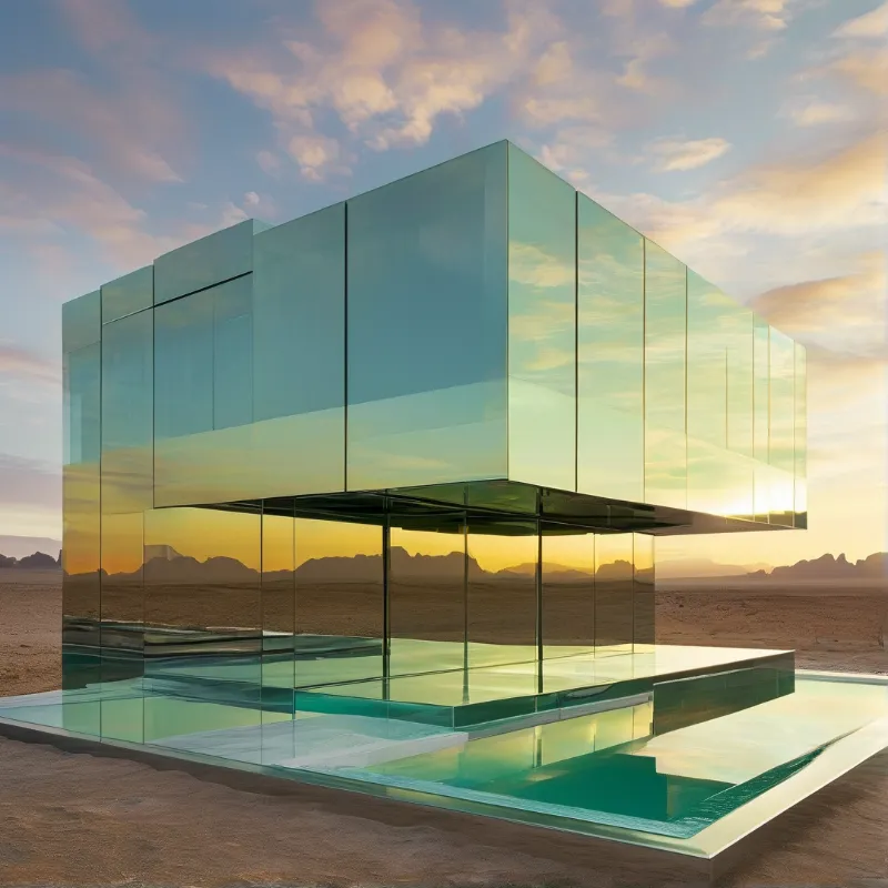 A green glass building floats above a reflective pool within a vast sandy desert under a colorful sky.