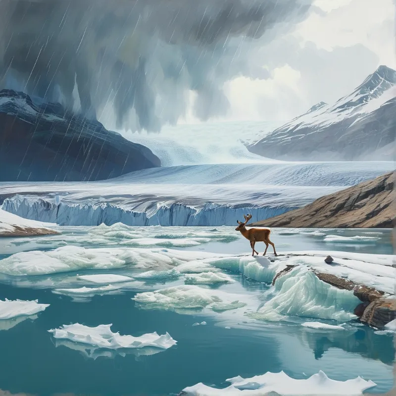 A brown deer stands on floating ice in a blue glacial lake while rain falls over distant snowy mountains.