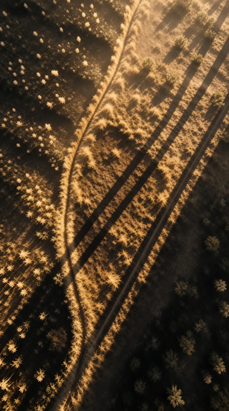 Aerial perspective of textured grass illuminated by warm light creating sharp shadows.