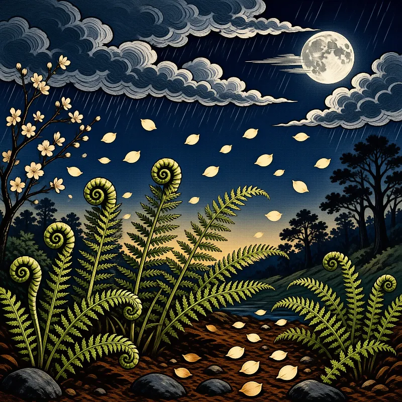 Green ferns with spiral tips stand before a dark blue night sky where yellow leaves float near a bright moon.