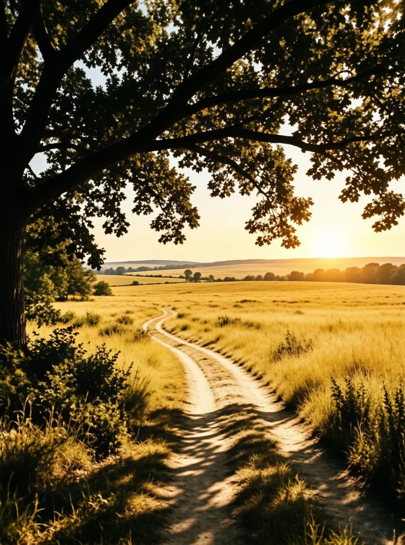 Winding dirt path curves through golden field with large tree framing left side and shadows stretching across ground.