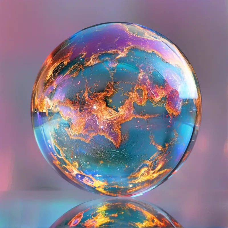 A round clear resin glass sphere rests on a glossy reflective surface, its interior has swirling purple teal pink and gold marbled patterns, against a soft blurred mauve background with gentle diffused light.